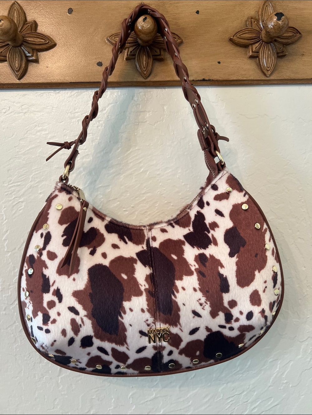NYC Cowhide Hobo Bag in Brown and White